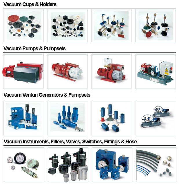 rotary vane vacuum pumps, pneumatic vacuum venturi generators, vacuum suction cups and suction cup holders, vacuum gauges, vacuum valves, vacuum regulators, vacuum filters, vacuum hose and fittings, Octopus vacuum lifting heads